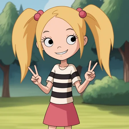 score_8_up, BREAK, SunshinePolidori, 1girl, solo, blonde hair, twintails, long hair, hair bobbles, black eyes, striped t-shirt, skirt, outdoors, cowboy shot, double v, <lora:SunshinePolidori_PXL_Leaf1:1>,