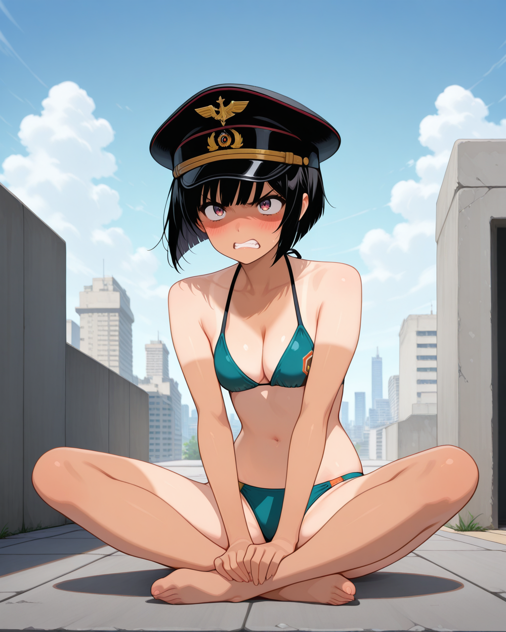 masterpiece,best quality,highres illustration,detailed face,1girl,full body,<lora:nb_tanlines_ILv2:1.2>,tanlines,indian style,clenched teeth,blush,angry,sitting,bikini,military hat,black hair,bob cut,outdoors,cityscape,roof top,concrete floor,sky,