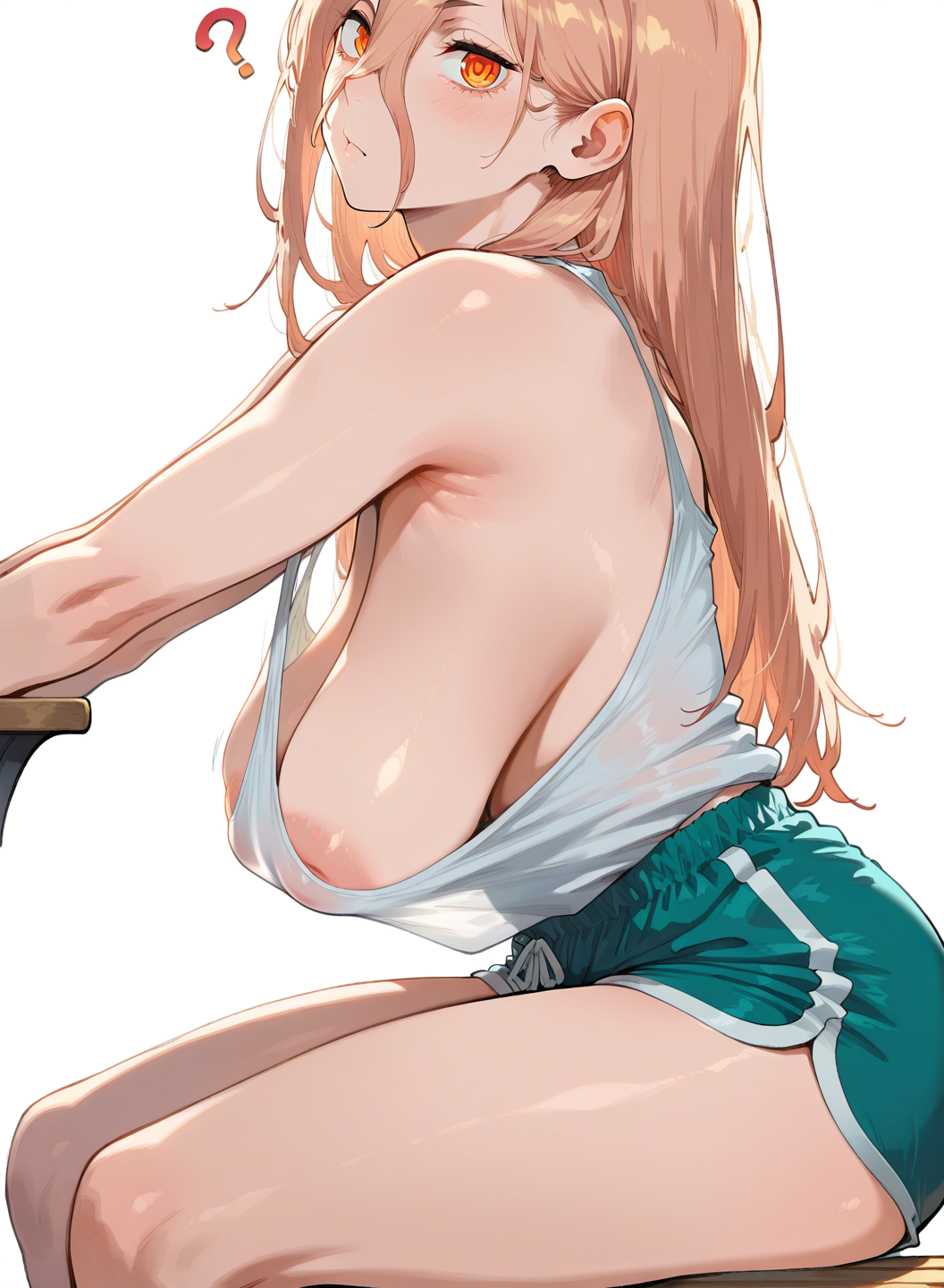 Masterpiece, Power \(chainsaw man\), solo, side-view, sitting close to viewer, side eye, ?, tilted head, large breasts, sagging breasts, (ruined breasts:1.2), hanging breasts, loose tanktop, tanktop strap down, breast peek, nipple peek, wide areola, puffy areola, inverted nipples, dolphin shorts, thick thighs, looking at viewer, Bench setting
<lora:StarskyAI_-_Illustrious-000019:0.8>