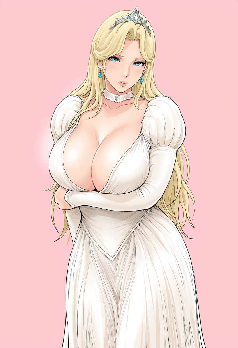 masterpiece, best quality, 
 <lora:raikageart:1> r41k4g34rt, 1girl, solo,standing,looking at viewer,blonde hair, long hair,large breasts, narrow waists,tiara, choker, earrings,dress, white dress, long dress, cleavage,pink background, simple background,