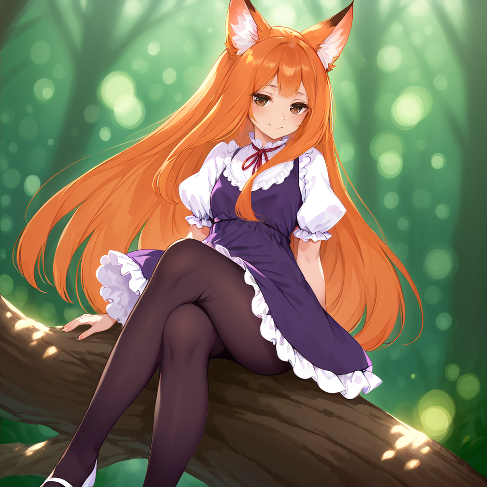 score_9, score_8_up, score_7_up, score_6_up, source_anime,anime,film grain, (cinematic angle:1.2), [realistic:0.9], [3d:0.9], from below
perspective,  <lora:Fixhands_anime_bdsqlsz_V1:0.5>, <lora:anti_human_ears:1.3>,<lora:StS_age_slider_v1_initial_release:0.5>,<lora:add-detail-xl:1> 
 girl, (fox ears:1.2), [ginger:blonde:0.5] hair, long hair, hime cut,straight hair, brown eyes,violet sundress,small breasts, skinny,  light smile,(tsurime,narrowed eyes:1.2), (yaeba:0.1),puffy sleeves,(sitting on tree:1.1),black tights,white footwear, 
,green background,forest,blurry background, (dappled sunlight:1),(lot of bokeh:1.8),<lora:Ring_Bokeh:0.7>, zPDXL2