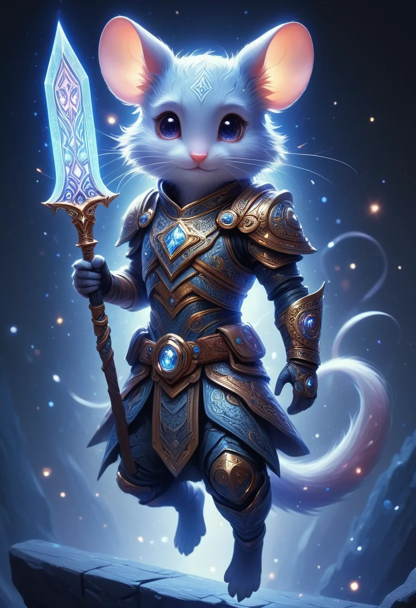 A warrior mouse in ancient armor etched with glowing symbols, gripping a runed blade, body posed mid-leap in zero gravity, sharp textures, vivid color, masterpiece, highly detailed, mobe-cedeen <lora:CelticDetailEnhancerV1:0.65>, galaxy <lora:galaxyXLP:0.80>, <lora:add-detail-xl:0.65>,