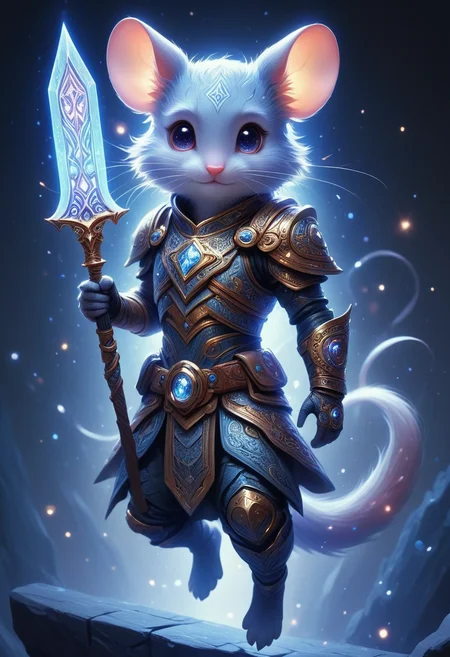 A warrior mouse in ancient armor etched with glowing symbols, gripping a runed blade, body posed mid-leap in zero gravity, sharp textures, vivid color, masterpiece, highly detailed, mobe-cedeen <lora:CelticDetailEnhancerV1:0.65>, galaxy <lora:galaxyXLP:0.80>, <lora:add-detail-xl:0.65>,
