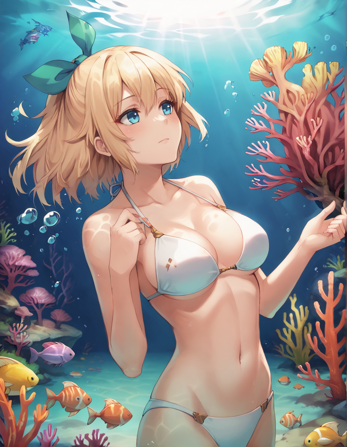 score_9, score_8_up, score_7_up, Rumia Tingel, masterpiece, best quality, 1girl, vibrant, vivid, high saturation, beautiful, highly detailed, intricate details, snorkling, underwater, submerged, bikini, ocean life, coral, colorful