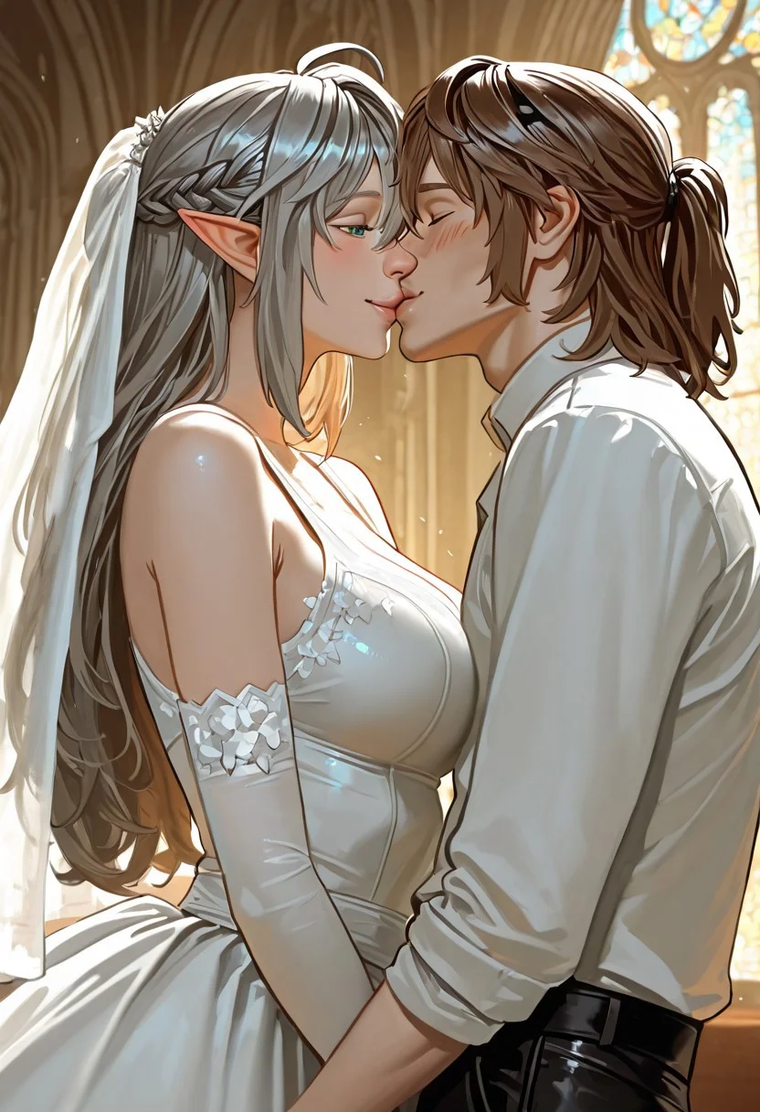 1 girl, 1boy, hetero, Kissing, cute, horny, summer dress, smiling, clothed girl, bride, wedding dress, wedding veil, white wedding gloves), boy shy, black pants, white shirt), kissing, church, perfect eyes, side view, identical height, beautiful face,
<1girl, <lora:Tessia_Eralith__The_Beginning_After_the_End__Illustrious_v1-000008:1>,
elf, pointy ears, green eyes, grey hair, silver hair, braid, side braid, french braid, hair bettween eyes, bangs, long hair, ahoge,
BREAK <((((1boy)))), <lora:Arthur_Lewin__The_Beginning_After_the_End__Illustrious:1>,
Arthur, not elf, human male, normal ears, human ears, brown hair, blue eyes,
masterpiece, best quality, amazing quality,
<lora:Detailer_NoobAI_Incrs_v1:0.75>, masterwork, masterpiece, best quality, dynamic lighting , dynamic pose,, dynamic angle, , , (lineless:1.2), detailed, depth of field, dynamic lighting, blurry, (cheekbones:0.85), (realistic:1.2)
adult, aged up,, ultra-HD, cinematic lighting, photorealistic, (impressionism:1.5), high detail ,masterpiece, best quality, very aesthetic, 8k, perfect eyes