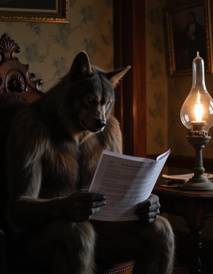 cinematic photography of a werewolf reading a script for a television role. He sits in an old manor house with dark wood trim and victorian wallpaper. An old oil lamp burns on a side table.