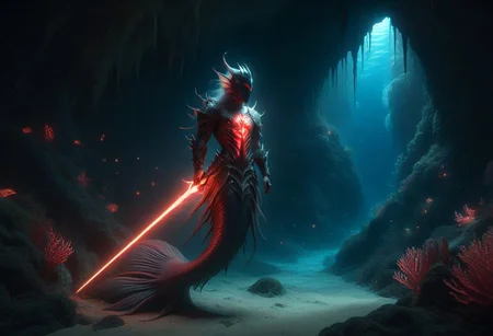 benthic merfolk, hkstyle, glowing sword, underwater cave, red glow, concept art