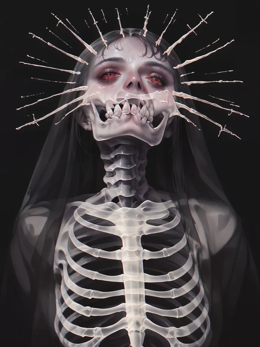 score_9, score_8_up, score_7_up, score_6_up, score_5_up, gh0stly, black background, skeleton, horror (theme), <lora:Gh0stlyXLP:0.7> long hair, red eyes