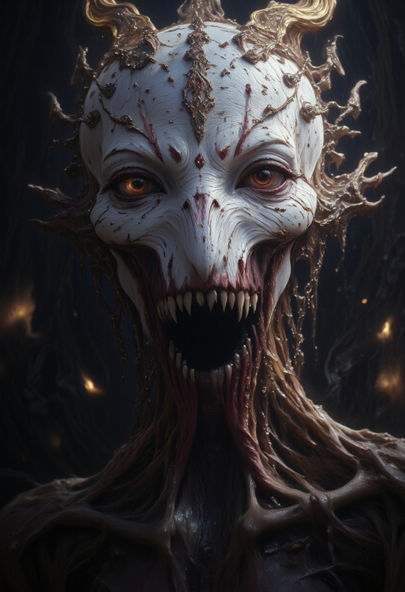 the Mokosh is an ancient drow and mythical female creature. She has long, sharp fangs for teeth and many spikes protruding from its head as it stares at the viewer with old soulless eyes, Her skin is white, engraved stone where every grove tells a story. It is snarling menacingly at the viewer, demanding respect and loyalty. Closeup head portrait, hyperdetailed, 8k resolution concept art, WLOP, Moebius, H.R. Giger, Royo, muddy, dark colors, minimal lighting, hyperrealism, digital illustration, intricate,( vapor:0.9), dorian cleavenger, brom, hyperrealism, digital illustration, horror, dark environment, (&:0)t  (photography, high-resolution, dynamic, energetic,hyper-realistic, dramatic lighting, shallow depth of field.)