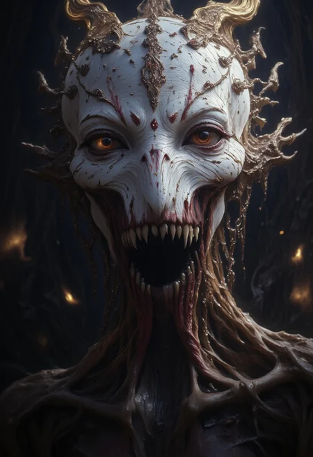 the Mokosh is an ancient drow and mythical female creature. She has long, sharp fangs for teeth and many spikes protruding from its head as it stares at the viewer with old soulless eyes, Her skin is white, engraved stone where every grove tells a story. It is snarling menacingly at the viewer, demanding respect and loyalty. Closeup head portrait, hyperdetailed, 8k resolution concept art, WLOP, Moebius, H.R. Giger, Royo, muddy, dark colors, minimal lighting, hyperrealism, digital illustration, intricate,( vapor:0.9), dorian cleavenger, brom, hyperrealism, digital illustration, horror, dark environment, (&:0)t (photography, high-resolution, dynamic, energetic,hyper-realistic, dramatic lighting, shallow depth of field.)