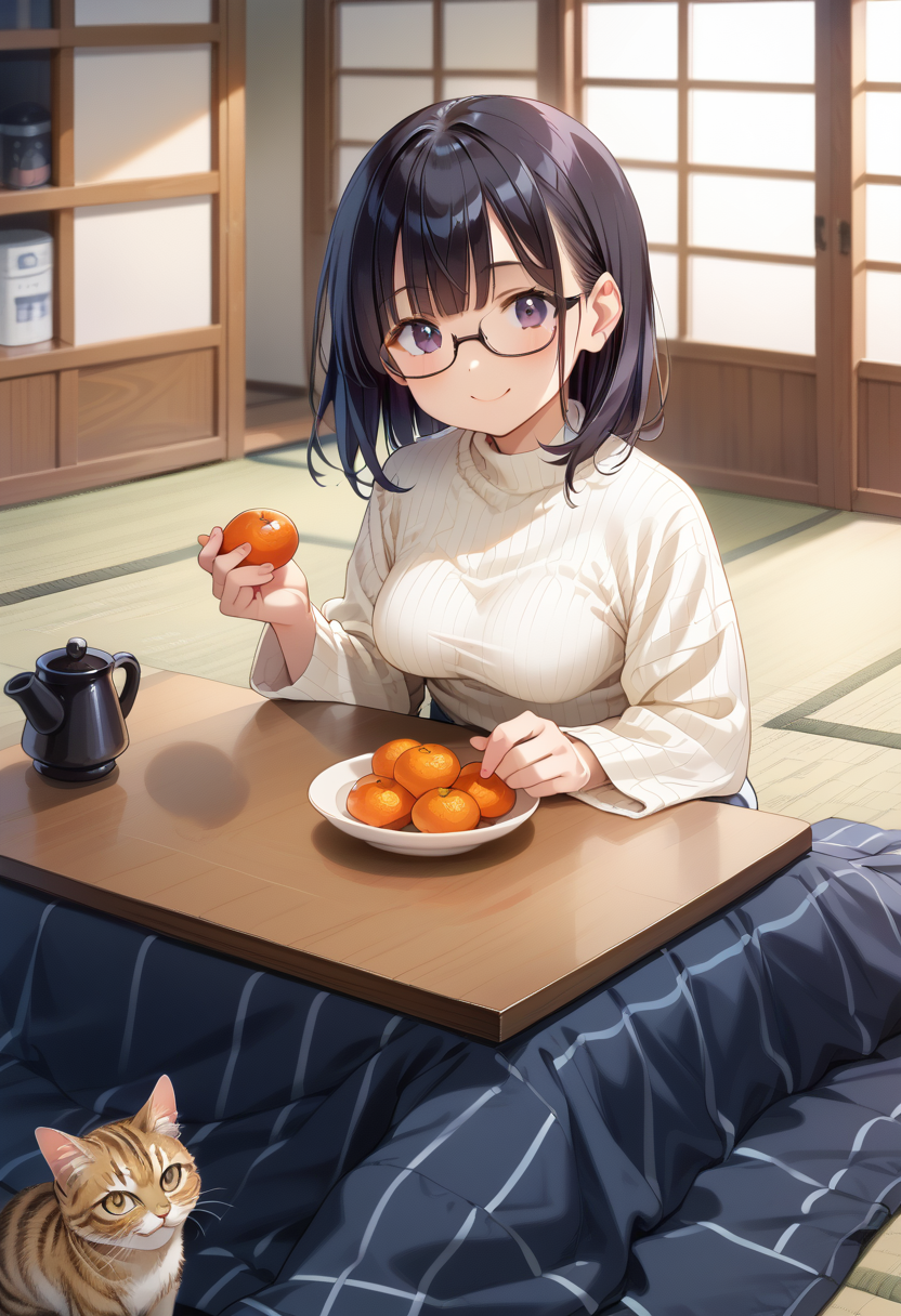 score_9, score_8_up, score_7_up, rating_safe, masterpiece, best quality, absurdres, unity 8k wallpaper, official art, official style, source_anime, uncensored, game cg, megami magazine, ultra delicate hair, 
1girl, glasses, black hair, medium hair, medium breasts, white ribbed sweater, sitting, happy, smile, looking at viewer, 
 (kotatsu:1.2), mandarin orange, sliding doors, tatami, indoors, cat, coffee mug, 
 <lora:kotatsu_pony_V1:1.2>