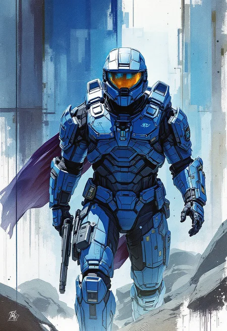 distant future, Spartan commander, urban Comics, blue ornaments, Marvel, sci fi, highly technology, iconographic, glitch background, , watercolor, ink, mist, interactive image, highly detailed, art style by Clayton Crain + Ross Tran + Rachel Walpole + Jeszika Le Vye + Dan Volbert + Simon Stalenhag + Brian Stelfreeze