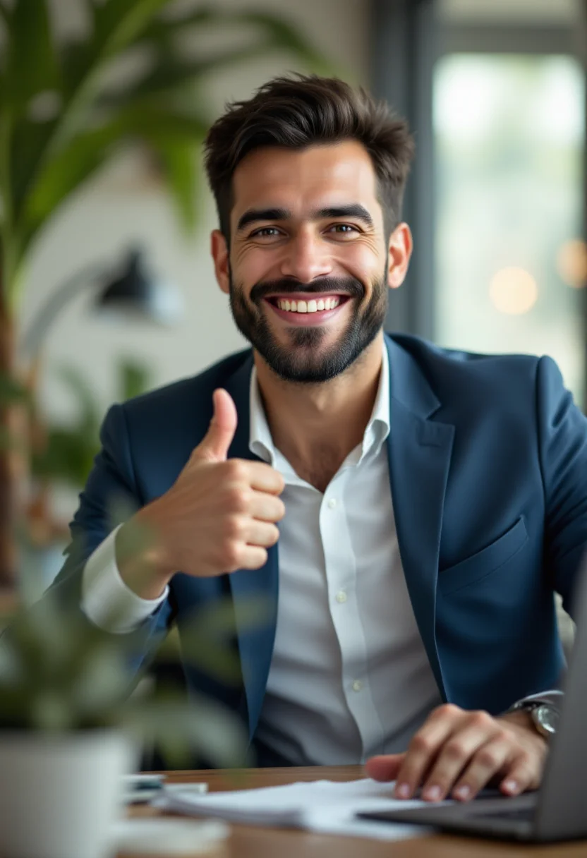 <lora:PCB_Image_Enhancer_for_FLUX:0> <lora:KFT_HLA_V3_FLUX-000019:1>
realistic photo of a business man sitting in front of a laptop, smiling and giving a thumbs up