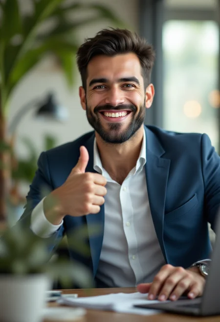 <lora:PCB_Image_Enhancer_for_FLUX:0> <lora:KFT_HLA_V3_FLUX-000019:1>
realistic photo of a business man sitting in front of a laptop, smiling and giving a thumbs up