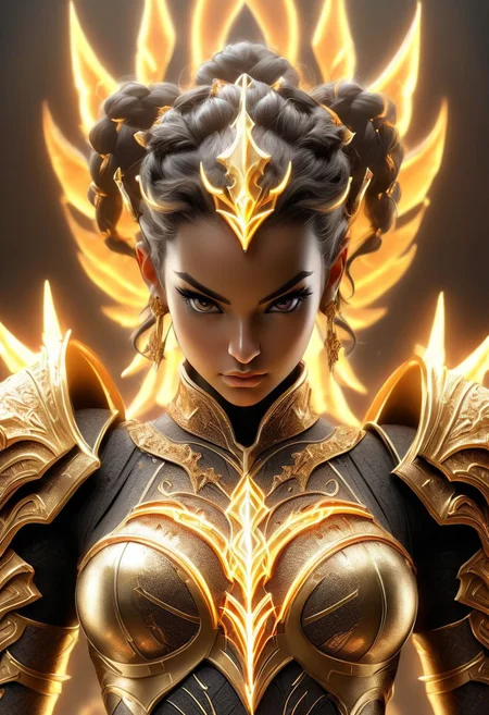 hyperdetailed fantasy character, Fire, golden armour, 1girl, holy cyborg necromancer girl, ornamented obsidian armor (((beautiful, symmetrical eyes, symmetrical face, over-shoulder view, magical background fantasy, beautiful, masterpiece, extremely highly detailed, focused flash photo, amazing quality, best quality, hyper detailed, ultra detailed, HDR, UHD, perfect anatomy, depth of field, dramatic light, detailed atmosphere, volumetric light, high resolution, 8k, highly detailed, photorealistic, dramatic lighting, high quality, exquisite details, delicate atmospheres, intricate details, highly detailed textures))).
