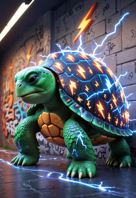 A 3D Pixar movie-like turtle with lightning symbols on its shell. Simple background. A graffiti on the wall says "Need Buzz for Speed." Masterpiece, High quality, Ultra Details