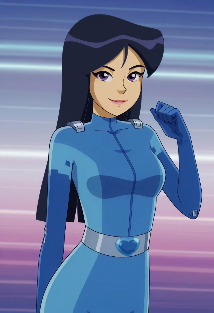 masterpiece, best quality, good quality, 1girl, solo, cartoon, totally_spies_2k24, britney, black hair, long hair, purple eyes, blue bodysuit, sexy, large breasts, beautiful, detailed, high detailed, very beautiful, detailed face, detailed eyes, detailed hand, abstract background, neon, smile, looking at viewer, pose, standing