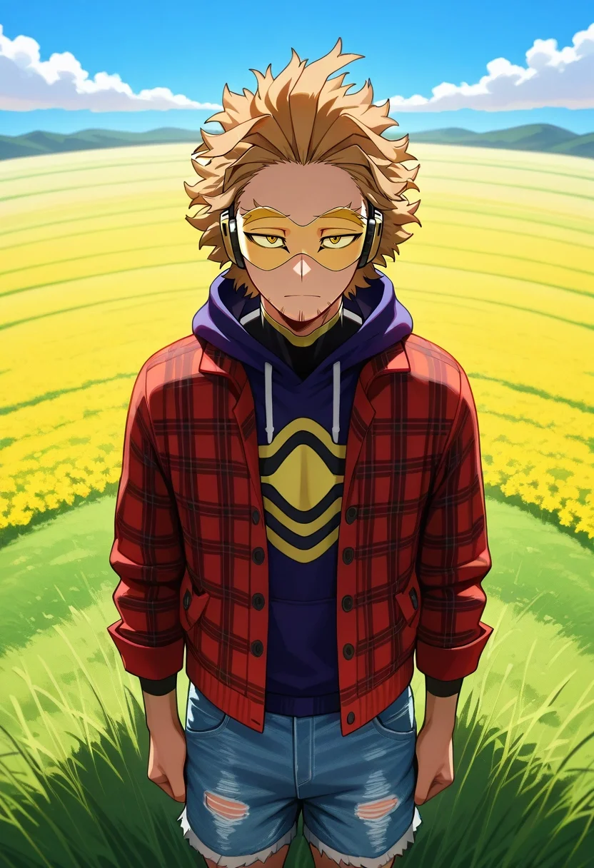 masterpiece, best quality, , (3d:0.4), looking at viewer, 1boy, solo, male focus, <lora:keigo_takami_ilxl:0.94>, keigo_takami, hawks \(boku no hero academia\), blonde hair, yellow eyes, short hair, facial hair, stubble, tinted eyewear, goggles, panorama, field, day, villain pose, sad, Silk Denim bermuda shorts, Flannel hoodie, , Fedora,