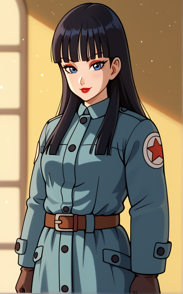 score_9, score_8_up, score_7_up, absurdres,contrapposto, arms behind back, cowboy shot, looking at viewer, backlighting, light smile, light particles, blurry background, depth of field, bloom, gradient background, yellow background, spotlight,  <lora:PONYXL_DragonBall_Mai_ownwaifu:0.85>, BREAK MainOutfit_Mai_ownwaifu, 1girl, black hair, blue eyes, blunt bangs, bangs,  eyelashes, hime cut, long hair, red eyeshadow, red lips, straight hair, long sleeves, coat, makeup, belt, star (symbol), uniform, military uniform, buttons, lipstick, gloves, trench coat, sidelocks, blue coat, brown belt, brown gloves, pants, holster, belt buckle, belt pouch, emblem, eyeliner, pouch, sheathed, winter clothes, long coat, badge, breasts, collared shirt, <lora:add-detail-xl:0.15>,