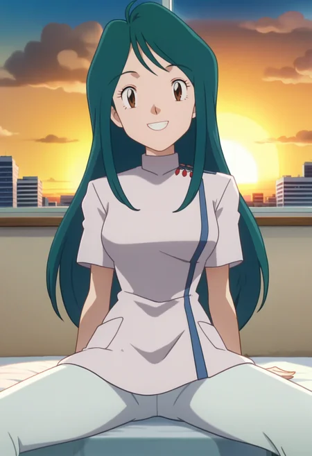 score_9, score_8_up, score_7_up, score_6_up, anime screencap, anime coloring, <lora:PMSuzie:0.9>, PMSuzie, 1girl, solo, long hair, green hair, brown eyes, breasts, 
white coat, short sleeves, white pants,  
looking at viewer, sitting, smile, ((legs apart)),
BREAK dusk, sunset, cloud, window, indoors, bed, cityscape,