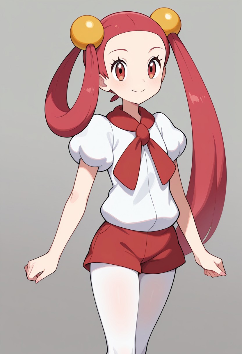 1girl, solo, mira (pokemon), smile, very long hair, pink hair, red hair, hair rings, twintails, hair beads, asymmetrical hair, tied hair, red eyes, red scarf, white shirt, puffy short sleeves, red shorts, short shorts, white pantyhose, legwear under shorts, thighs, standing