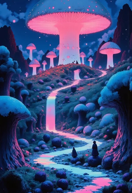 Studio Ghibli Whimsical Fairytale – nightly mushroom Kingdom Landscape, darkness, giant mushroom, moss,  neon pebbles, Landscape scenery, DARK pastel moody, hyperdetailed Clouds, starry Sky, luminous floating particles, lndscpx, towering Fantasy tower mushroom, fountain, birds, billowing moody Cloud skyline