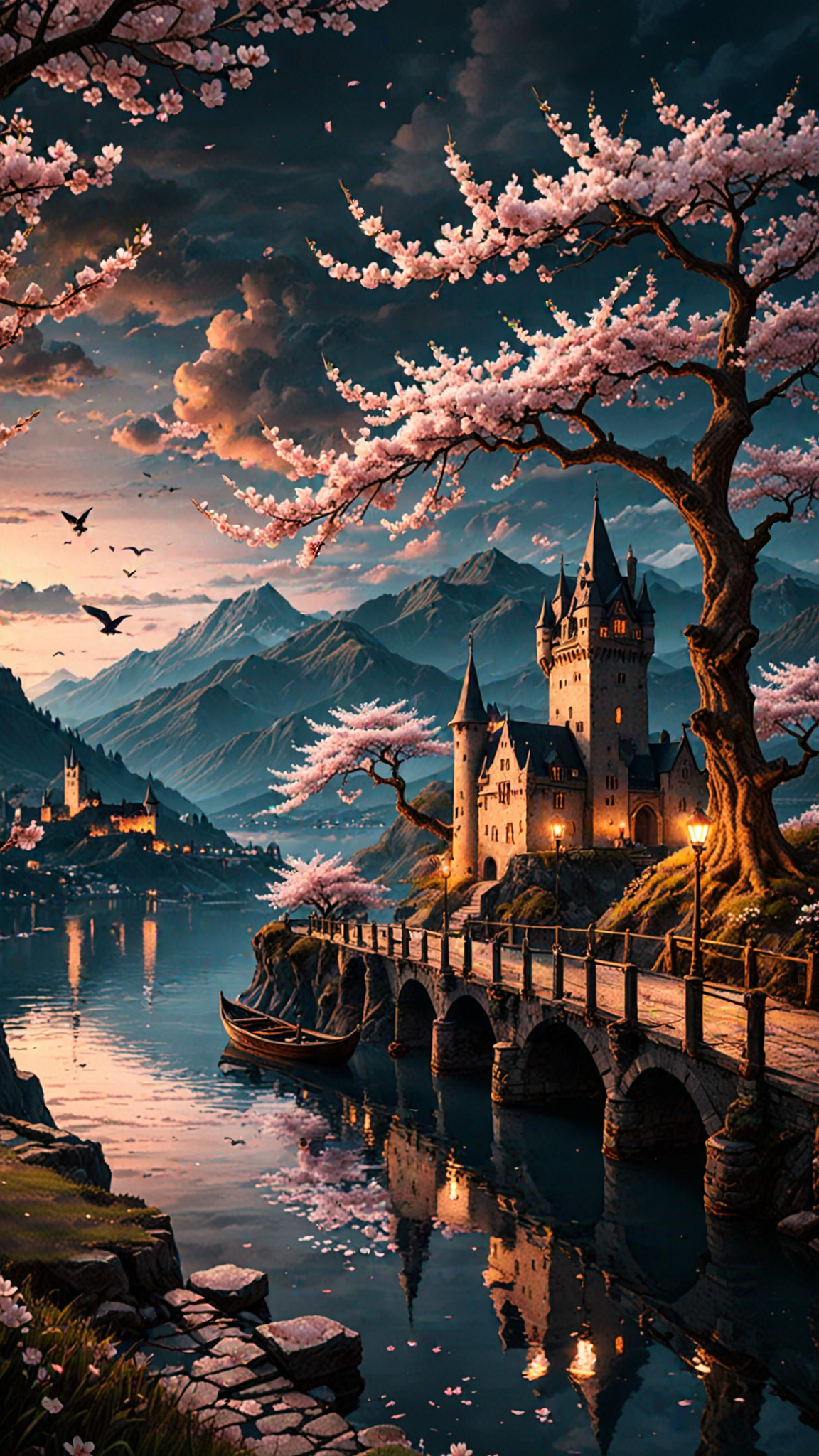 detailed background, witchy aesthetic, realistic,  outdoors, sky, night, cloud, water, tree, petals, no humans, bird, grass, cherry blossoms, building, scenery, mountain, city, fantasy, road, watercraft, bridge, river, castle, tower, boat, landscape, mountainous horizon, lake, dock depth of field, masterpiece, best quality, ultra-detailed, very aesthetic, perfect composition, intricate details, absurdres, moody lighting, UHD