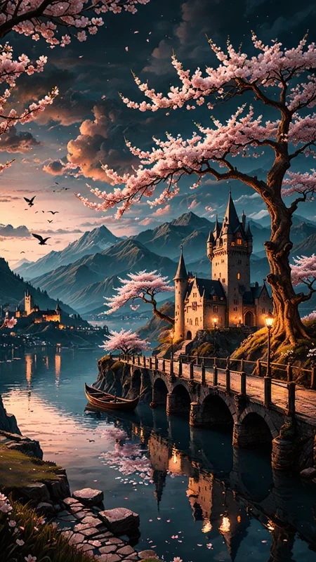 detailed background, witchy aesthetic, realistic,  outdoors, sky, night, cloud, water, tree, petals, no humans, bird, grass, cherry blossoms, building, scenery, mountain, city, fantasy, road, watercraft, bridge, river, castle, tower, boat, landscape, mountainous horizon, lake, dock depth of field, masterpiece, best quality, ultra-detailed, very aesthetic, perfect composition, intricate details, absurdres, moody lighting, UHD
