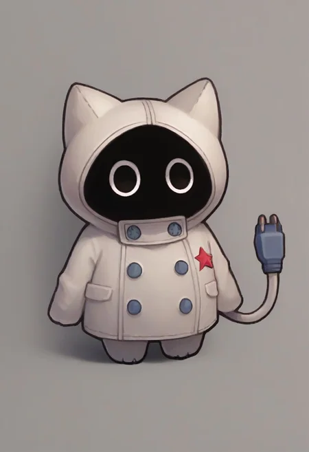 score_9_up, score_8_up, score_7_up, neumaf, 1other, cute, electric plug tail, black eyes, black face, white windbreaker, red star on clothes, bangboo, home background