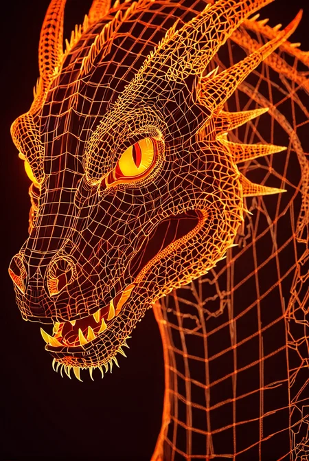 dragon, detailed scales, accurate reptile, complex geometric lines, portrait
orange lighting, red reflections,  lineart, CRT graphics, wireframe, grid meshing, sin waves, sharp lines, vectors
[high quality photo, 4k, hd, 7-AnalogueInterfaces, 7-vectors]
<lora:add-detail-xl:0.5> <lora:CRT Vectors v1.0:1>