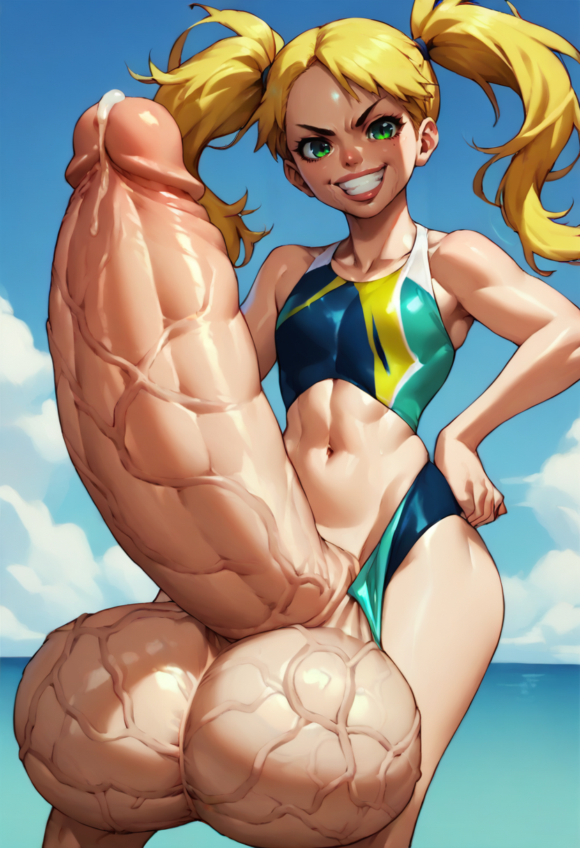 score_9, score_8_up, score_7_up, source_anime, 1girl, solo, futanari,  erection, gigantic testicles, (gigantic penis:1.3), leaking precum, yellow hair, twintails, swimsuit, green eyes, grin, (veiny penis), (veins), (veiny balls), shiny lips, bottomless <lora:JayMarvel-Style-PonyXL-v1.1:1>