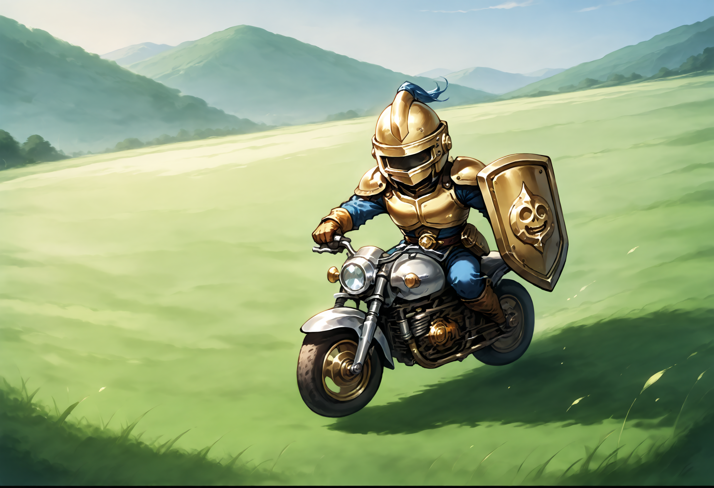 score_9,score_8_up,score_7_up,best quality,masterpiece,super detailed,full_body,zPDXL BREAK nature,field,2others,
<lora:Pony_DetailV2.0:1> BREAK slime knight,slime_(dragon_quest),armor,holding shield,holding sword,helmet,riding,knight,<lora:slime knight-v3-pony:0.7>,happy,jumping,