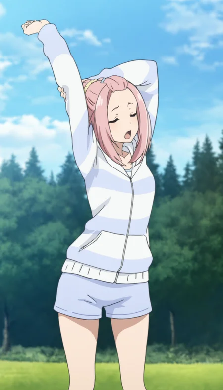 masterpiece,best quality,amazing quality,
<lora:yoshinokoharuNAI:1>,yoshinokoharu,
1girl,solo,pink hair,short hair,blue hairtie,forehead,updo,yellow scrunchie,white and grey hoodie,grey shorts,cowboy shot,standing,closed eyes,open mouth,stretching,outdoors,day,blue sky,cloud,trees,grass,