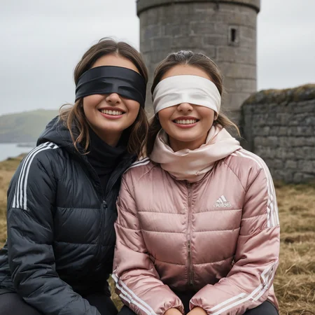 (((dark cinematic still with dark vibes))),one squatting  two irish curvy women,<lora:adidas_puffer_jacket_v1:0.7> adidas_puffer_jacket ,  satin_scarf_blindfold,smile,beautiful eyes,tea,stormy weather (mouth closed)
 <lora:satin_scarf_blindfold:0.7>
<lora:RMSDXL_Creative:1>