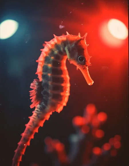 n30nfilm. A minimal photo of a seahorse underwater, neon red details in the background, dramatic lighting, soft light, light projection from background, grain, in the style of instant film, Ilford XP2 Super, color negative film, add noise, saturated image.