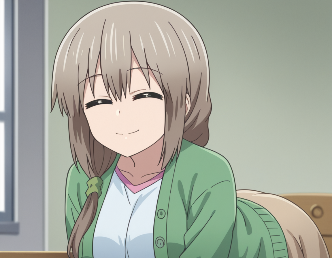 score_9, score_8_up, score_7_up, source_anime,
tsukiuzaki, <lora:tsuki-uzaki-s2-ponyxl-lora-nochekaiser:1>,
tsuki uzaki, long hair, closed eyes, grey hair, large breasts, hair over shoulder, scrunchie, hair scrunchie,
skirt, shirt, white shirt, cardigan, open cardigan, green cardigan, blue shirt, brown skirt,
indoors, bent over, smile,
looking at viewer, cowboy shot, solo, dutch angle,