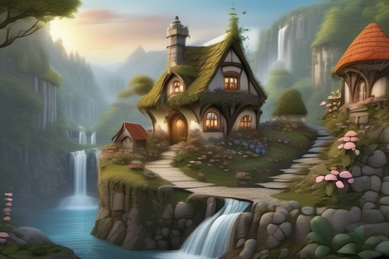 <lora:Fairy_Tale_Village:1>a beautiful fairy tale village with a cobblestone path and a small creek and a waterfall, some trees, and flowers, detailed, realistic, photographic