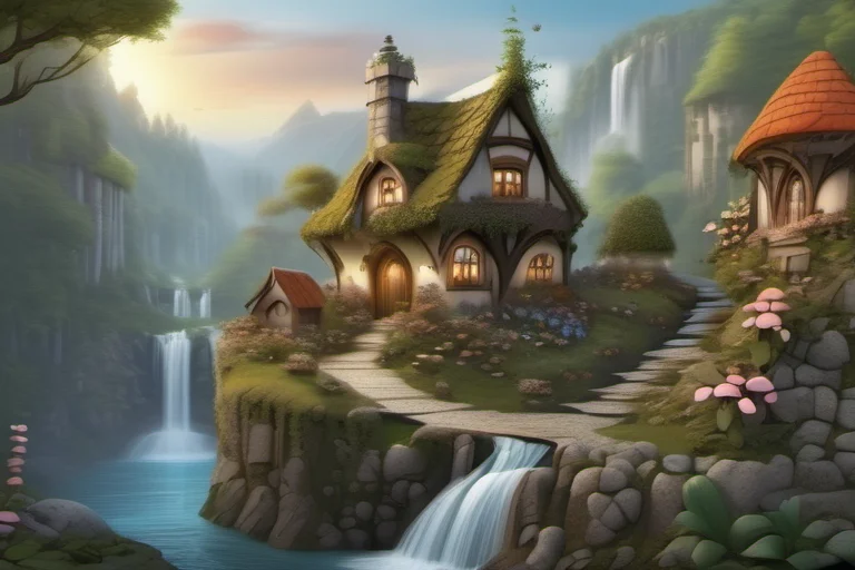 <lora:Fairy_Tale_Village:1>a beautiful fairy tale village with a cobblestone path and a small creek and a waterfall, some trees, and flowers, detailed, realistic, photographic