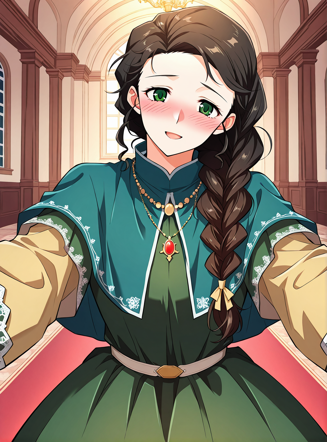 <lora:Silluria_Namaran__The_Greatest_Estate_Designer__Illustrious:1>
1 girl, solo, green eyes, brown hair, black hair, long hair, braid, single braid, braided ponytail, hair over shoulder
green dress, long sleeves, capelet, layered sleeves, short over long sleeves, necklace, jewelry, <lora:DetailedEyes_V3:1>
score_9, score_8_up, score_7_up, score_6_up, source_anime, rating_explicit, 1girl, solo, smile, embarrassed, alcalose eyes, open mouth, mansion, indoors, looking at viewer, outstretched arms, pov, close-up, (head tilt:1.2)