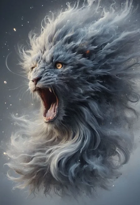 (masterpiece:1.2, uhd, hdr, highly detailed, high resolution, 4k, 8k, best quality, insanely detailed, intricate), ElementsMix (Wind:0.6), (Earth:0.8), (Water:0.6), (Fire:0.6) (Surrealist painting of a lion made of smoke and whispers, Blue and Gray colors, swirling shapes, mysterious and intriguing atmosphere, dark background, wispy hair-like smoke, whispering mouth, roar, open mouth, Dreamlike, Soft and Hazy edges, medium shot, Artsy, Surreal, Conceptual, High quality, high resolution, Detailed, Intricate, Textured, 4k, Canvas, Oil paint, Realistic, Hyperrealistic:0.6), detailed background