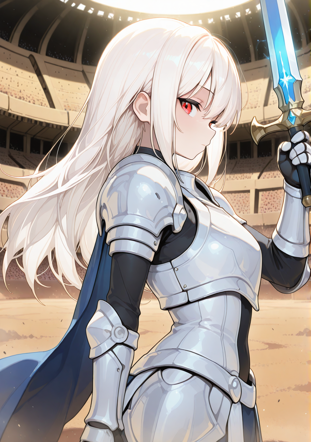 general,masterpiece,best quality,amazing quality,<lora:nanostyle:1>,nanostyle,
1girl,holding sword,from side,looking at viewer,armor,arena,white hair,