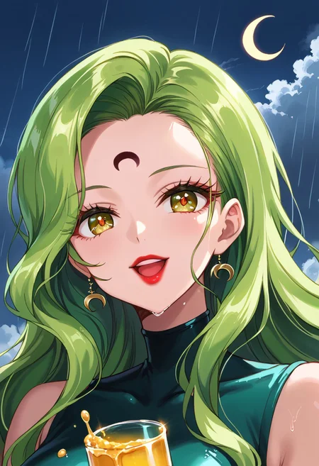 1 girl, alone, green hair, honey eyes, detailed pupils, day, lipstick, makeup, red lips, open mouth, long hair, looking at viewer, close-up, smile, (((crescent moon forehead mark))), eyelashes, honey eyes, face, dark sky, rain clouds, outdoors