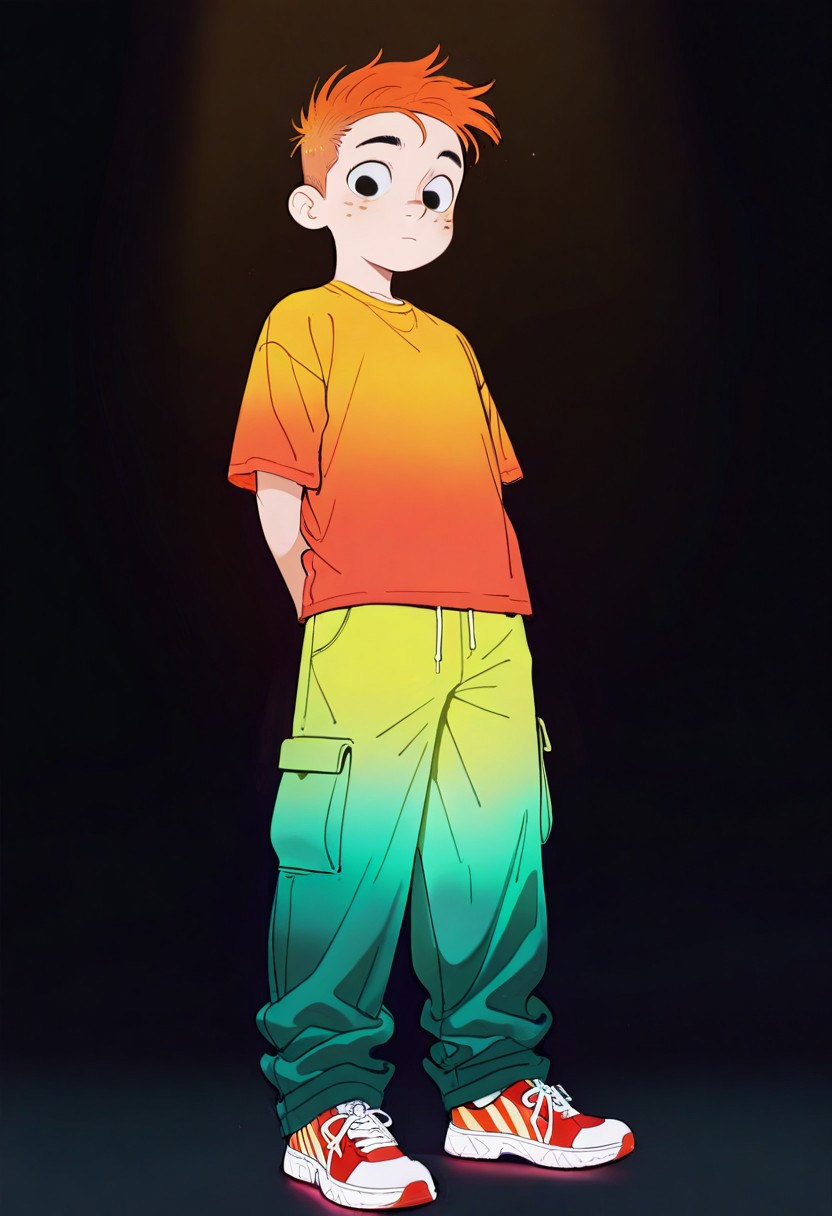 masterpiece, best quality, amazing quality, very aesthetic, absurdres, newest, volumetric lighting, holographic colors, cute, gradient colors, dark background, masterpiece, best quality, amazing quality, very aesthetic, absurdres, newest, volumetric lighting,1girl, 
cinematic, intricately detailed illustration, depth of field, masterpiece, best quality, amazing quality, very aesthetic, absurdres, newest, 1boy, male focus, cute boy, solo, Adam Lyon, Black Eyes, Orange Hair, Freckles, Orange Shirt, Green Pants, Red and Yellow Striped Shoes, 15546+456868