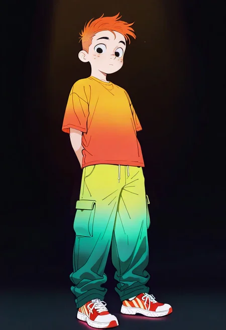 masterpiece, best quality, amazing quality, very aesthetic, absurdres, newest, volumetric lighting, holographic colors, cute, gradient colors, dark background, masterpiece, best quality, amazing quality, very aesthetic, absurdres, newest, volumetric lighting,1girl,
cinematic, intricately detailed illustration, depth of field, masterpiece, best quality, amazing quality, very aesthetic, absurdres, newest, 1boy, male focus, cute boy, solo, Adam Lyon, Black Eyes, Orange Hair, Freckles, Orange Shirt, Green Pants, Red and Yellow Striped Shoes, 15546+456868
