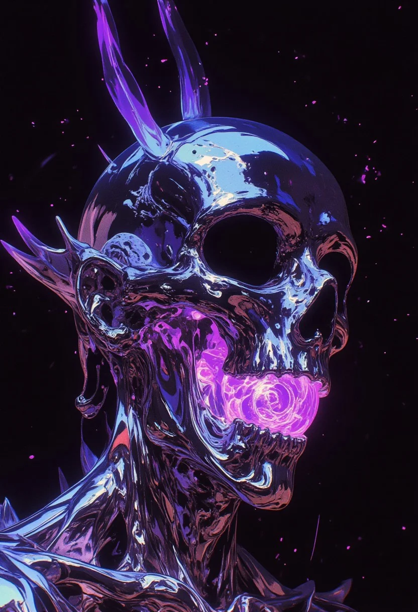 Hyper-realistic digital chrome art of a silver-colored skull with a subtle tint of deep purple, its mouth wide open, and its eye sockets dark and hollow. The smooth, reflective surface of the skull captures and distorts ambient light in cinematic ways, creating dynamic highlights and shadows across its polished contours. Resting inside the skull's open mouth is a glowing purple orb, pulsing with an ethereal glow. The orb casts surreal light that contrasts with the skull’s cold metallic finish, creating a striking reflection across its surface. The background is a vantablack void with a subtle purple tint, enhancing the surreal and eerie atmosphere, and emphasizing the glowing orb and chrome skull. Shadows deepen around the skull, adding depth and dimension to the piece. A futuristic metallic blue and silver mask subtly reflects the purple light from the orb, blending into the skull's structure. Cinematic lighting brings sharp contrasts and brilliant highlights, ensuring HD-level detail and a perfect balance of light and shadow. This results in a captivating, surreal composition, with glitchy, abstract elements adding to the psychological and neon fantasy atmosphere.