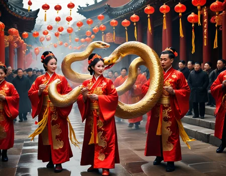 In the magic of the Chinese New Year 2025, the Year of the Snake emerges in splendor. The streets are adorned with golden streamers, symbols of wisdom and renewal. Dancers in shimmering costumes weave to the beat of drums, while incense fills the air. Families exchange red envelopes, hoping for luck and prosperity, celebrating a radiant future together