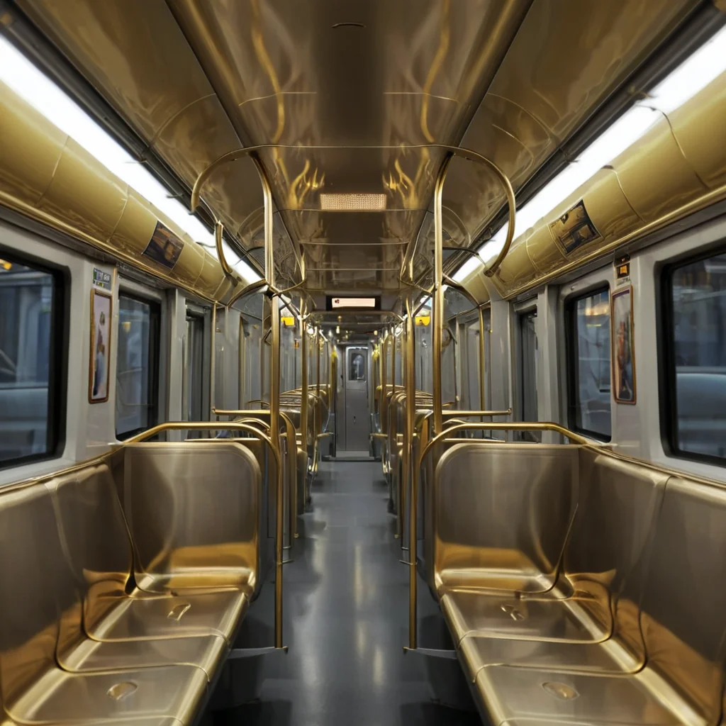inside a golden metro train <lora:Metro:1>