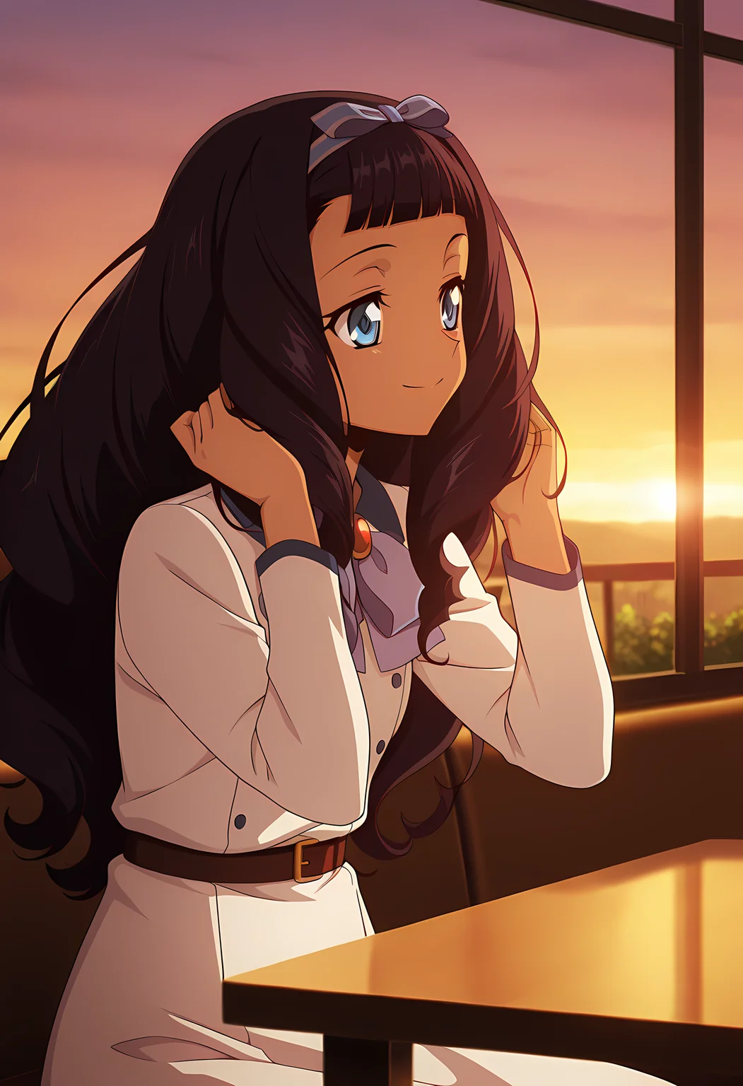 masterpiece,best quality,amazing quality,
1girl, solo,
Halona Walker (Cardfight Vanguard), dark-skinned female, black hair, long hair, wavy hair, blue eyes, hair bow, hairband, white dress, ribbon, long sleeves, belt,
Smile, hands on table, Fixing hair,
cinematic,
Sit, sitting, cafe, afternoon, sunset,
Lens flare, bloom,
Official style, anime screencap, anime coloring,