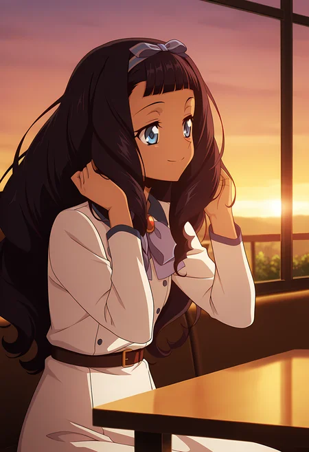 masterpiece,best quality,amazing quality,
1girl, solo,
Halona Walker (Cardfight Vanguard), dark-skinned female, black hair, long hair, wavy hair, blue eyes, hair bow, hairband, white dress, ribbon, long sleeves, belt,
Smile, hands on table, Fixing hair,
cinematic,
Sit, sitting, cafe, afternoon, sunset,
Lens flare, bloom,
Official style, anime screencap, anime coloring,