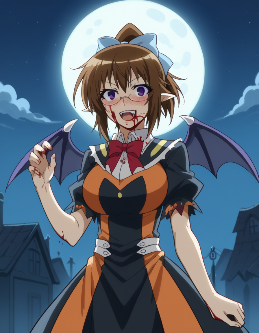 score_9, score_8_up, score_7_up, source_anime, <lora:mogana-kikaijima-s2-ponyxl-lora-nochekaiser:1>, mogana kikaijima, brown hair, purple eyes, ponytail, glasses, hair bow, blue hair bow, large breasts,, <lora:vampire-ponyxl-lora-nochekaiser:1>, vampire, red eyes, pointy ears, fangs, black dress, wings, blood, blood on face, blood on mouth, bat (animal), halloween, halloween costume, upper teeth only, night, moon, blush, smile, open mouth, , dutch angle, cowboy shot